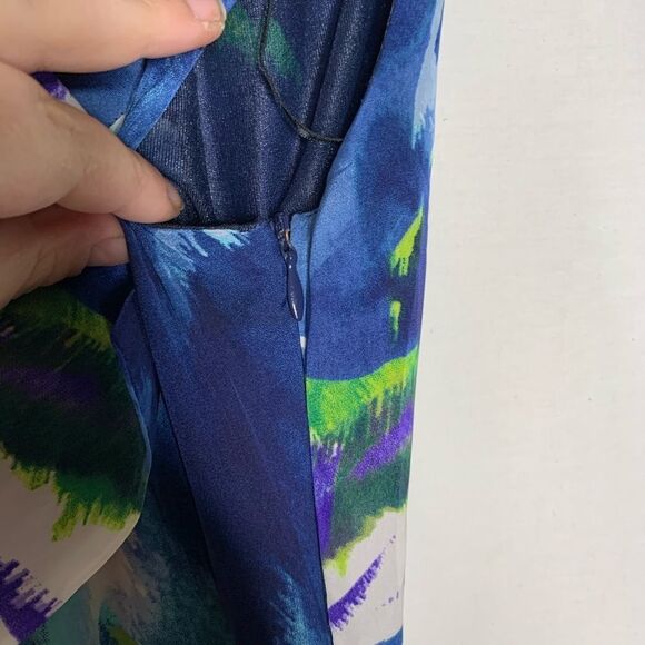 Polin Dress Career Floral Twist Neck Navy Slit 38 Asymmetrical Sleeveless - Picture 3 of 8